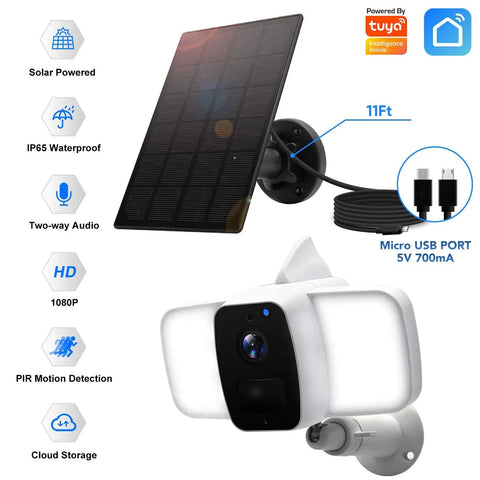 Solar Powered Outdoor Floodlight Security Camera With 10400mAh Battery IP65 Waterproof Night Vision and Solar Panel