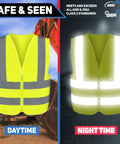 Neon Yellow High Visibility Safety Vest ANSI Class 2 With Two Utility Pockets Lightweight Polyester Fabric shown in daytime and nighttime.
