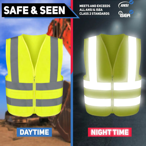 Neon Yellow High Visibility Safety Vest ANSI Class 2 With Two Utility Pockets Lightweight Polyester Fabric shown in daytime and nighttime.