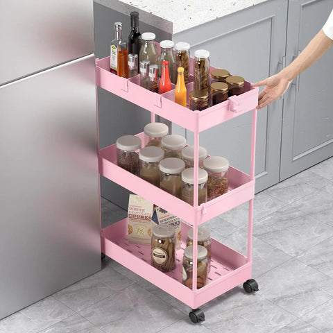 Three Tier Rolling Cart With Wheels Storage Organizer With Casters 3 Hanging Baskets Easy Assembly Perfect For Kitchen Office Living Room Laundry Pink loaded with kitchen supplies.