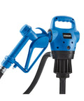 Heavy Duty Electric Drum Pump Pulls Four Gpm Real Smooth With 110V AC Plug In Power No Sweat Moves Diesel Oil Kerosene Def Fluid Quick Built In Debris Filter Telescoping Tube Fits Standard 55 Gallon Barrels Easily - close-up of blue pump handle and nozzle