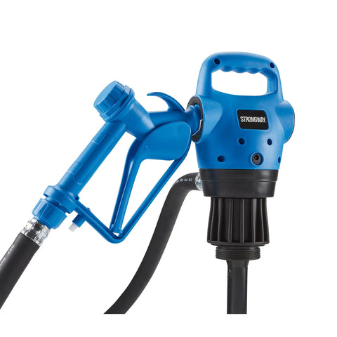Heavy Duty Electric Drum Pump Pulls Four Gpm Real Smooth With 110V AC Plug In Power No Sweat Moves Diesel Oil Kerosene Def Fluid Quick Built In Debris Filter Telescoping Tube Fits Standard 55 Gallon Barrels Easily - close-up of blue pump handle and nozzle