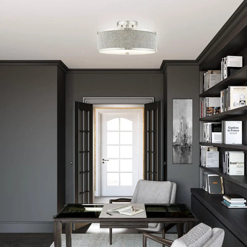 Park Ridge 3 Light Brushed Nickel Semi Flush Mount Ceiling Light With Oatmeal Hardback Fabric Shade 15 By 15 By 8 Inches in modern living room