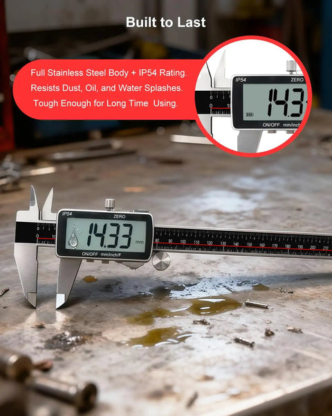 Dope Digital Caliper 12 Inch With Ultra Precision 0.001 Inch Accuracy on workshop table showing 14.33 mm