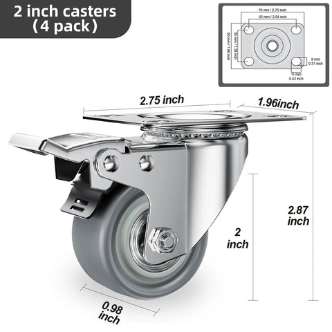 2 Inch Swivel Plate Casters With Brake Set Of 4 Heavy Duty Beefy Zinc Plated Steel Housings Non-Marking Floor Safe TPR Wheels