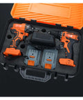 Badass Little Rechargeable Drill Set With Bright LED Light Two Speed Forward Reverse Switches Make Home Jobs A Breeze Compact handheld power tool with two drills and battery charger.