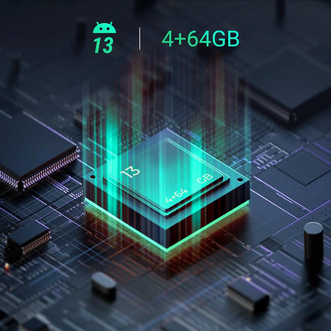 Android 13 chip with 4GB RAM 64GB ROM on a circuit board, representing Android 13 Handheld Barcode Scanner For Warehouse And Retail