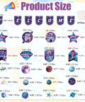 Product size chart for Space Themed Bulletin Board Decorations Set with welcome signs, planet star cutouts, and glue dots included.