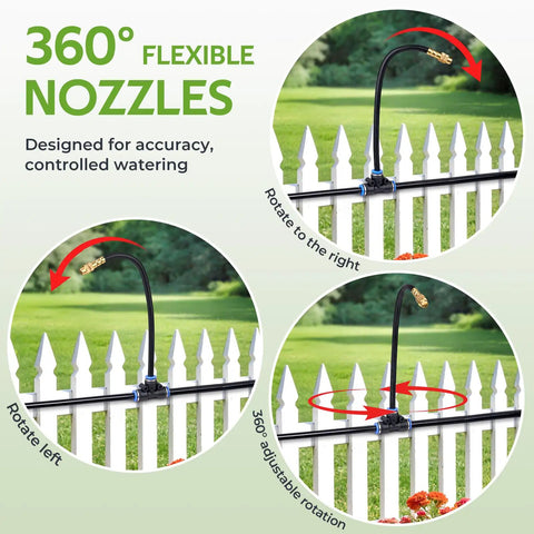 360 Degree Drip Irrigation System Kit With 33 Feet Of One Quarter Inch Tubing And Five Adjustable Brass Nozzles on fence setup