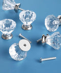 Six Clear Acrylic Diamond Cabinet Knobs Set With Screws Dope Modern Dresser Pull Handles silver finish on blue background