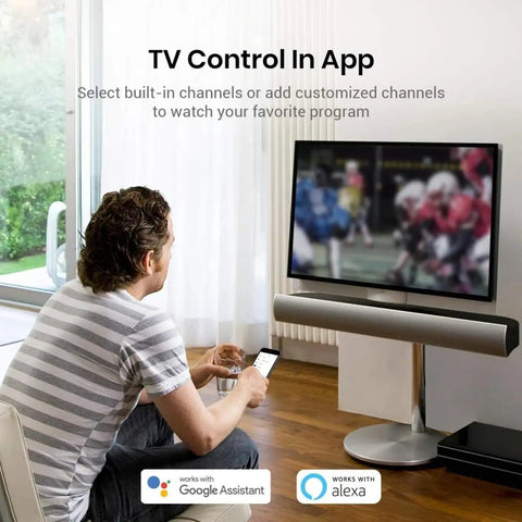 Person using RM4 Mini Smart Infrared Remote Hub For 2.4GHz WiFi Control Lets You Power TV Air Conditioner Set Top Boxes And More Works With Alexa Google Assistant And IFTTT on smartphone to control TV.