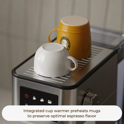 Top Shelf No Fuss 20 Bar Espresso Machine With Built In Grinder And Fast Milk Frother Stainless Steel All In One Coffee Maker Featuring Easy Lcd Display pouring espresso into preheated mugs.