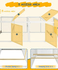 Diagram showing the 5 access areas of an outdoor wooden chicken coop with elevated hen house and nesting box features.