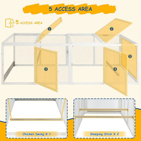 Diagram showing the 5 access areas of an outdoor wooden chicken coop with elevated hen house and nesting box features.