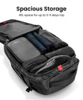 Open view of Go-To Travel Backpack 40L with clothes and 17 inch laptop sleeve, showing spacious main compartment and organizers.