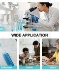 Collage showing lab, industrial, home, and office settings with equipment and people in various activities.