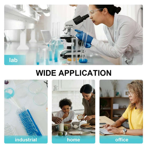Collage showing lab, industrial, home, and office settings with equipment and people in various activities.