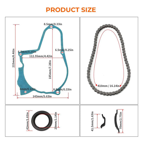 Image showing dimensions of Starter Chain Kit Fits Chinese 4 Stroke 50cc 70cc 90cc 110cc 125cc ATV Dirt Bike Go Kart With Starter Chain Tensioner Guides Oil Seal And Paper Gasket Random Color Included.