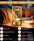 Rechargeable Cordless Table Lamp With Three Color Stepless Dimmer LED Metal Battery Operated Lantern on a cozy table