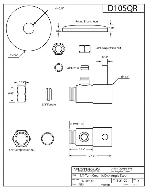 Technical diagram of Round Lever Quarter Turn Angle Stop with parts for home plumbing projects, matte black, copper inlet.