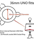Diagram of 36mm internal diameter UNO fitter for Off White Faux Linen Drum Lamp Shade With UNO Fitter 36 Mm Inner Ring Brass Fitter 17 Inch Tall By 17 Inch Wide Cylinder Shade For Table Or Ceiling Lights.