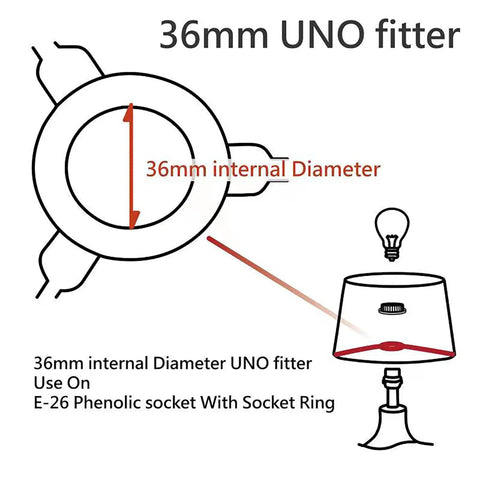 Diagram of 36mm internal diameter UNO fitter for Off White Faux Linen Drum Lamp Shade With UNO Fitter 36 Mm Inner Ring Brass Fitter 17 Inch Tall By 17 Inch Wide Cylinder Shade For Table Or Ceiling Lights.