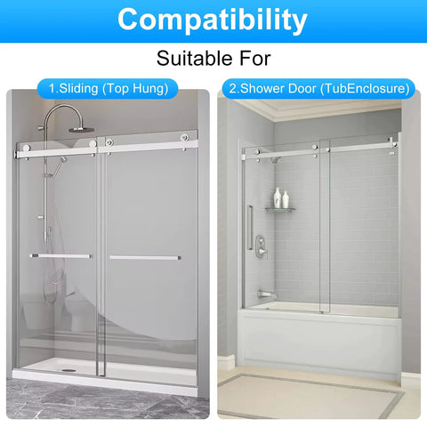 Sliding Shower Door Bottom Track Set For Glass Doors Compatible With One Half Inch And Three Eighth Inch Grooves Includes Two Tracks For Seven Sixteenths Inch And Five Sixteenths Inch Glass Doors Durable Material For Long Lasting Performance, shown installed in modern bathroom settings.