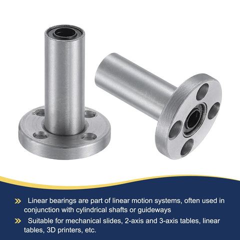 LMF6LUU Linear Ball Bearing 6 mm Bore 12 mm OD 35 mm Length 48 mm Round Flange Double Seal Chromium Steel Nickel Plated angled view