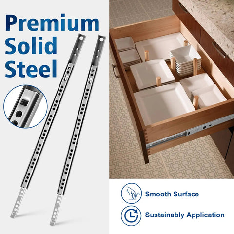 Beefy 2 Pack Ball Bearing Drawer Slides 13.5 Inch 342mm shown alongside open kitchen drawer with plates, illustrating installation use