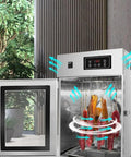 Rotary Meat Dryer And Commercial Food Dehydrator With 24 Hour Digital Timer showing sausages and meat hanging inside stainless steel unit.