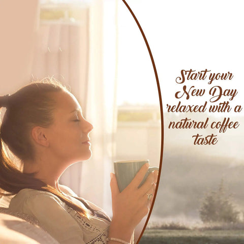 Woman relaxing with coffee, text beside her reads 'Start your New Day relaxed with a natural coffee taste', bright morning setting.