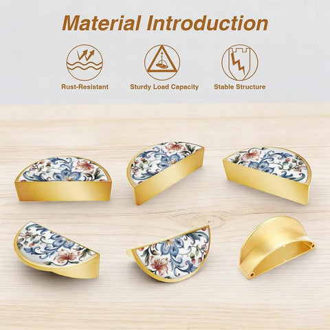 Watercolor Floral Vine Cabinet Handles 2 Pack, 3-Inch Hole Center Semicircle Drawer Pulls displayed on wooden surface