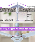 Rock Solid Heavy Duty Drywall Toggle Bolts And Wing Nut Kit With Hex Nuts And Washers For Hanging Heavy Mirrors And Pictures, 120 Pieces In A 30 Set One Quarter Inch Assortment, Butterfly Toggle Anchors For Secure Mounting installed in ceiling fan drywall