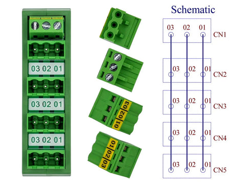 Slim DIN Rail Mount Pluggable Screw Terminal Block Distribution Module 15-Position 5x3, 300V 10A Per Position with schematic