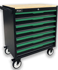 7 Drawer Tool Chest With Wood Top Locking Rolling Cabinet On Wheels For Garage And Workshop Central Locking System With One Key Keeps All Drawers Secure Durable Black And Green Cabinet For Mechanics And DIYers, black green 7-drawer mobile tool chest