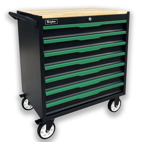 7 Drawer Tool Chest With Wood Top Locking Rolling Cabinet On Wheels For Garage And Workshop Central Locking System With One Key Keeps All Drawers Secure Durable Black And Green Cabinet For Mechanics And DIYers, black green 7-drawer mobile tool chest