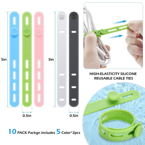 Silicone Cable Ties 5 Inch Flexible Cord Organizer Wraps Reusable Set Of 10 In Five Colors for Home Office