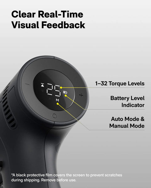 Close-up of digital display on a 16V Brushless Power Drill With 50 Nm Torque, showing auto and manual mode settings.