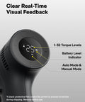 25 Piece Household Tool Kit With 16V Brushless Drill showing smart display with torque levels, battery, and mode indicator.