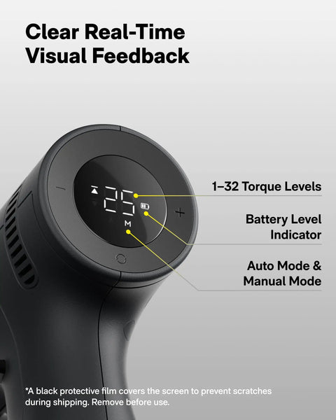 25 Piece Household Tool Kit With 16V Brushless Drill showing smart display with torque levels, battery, and mode indicator.