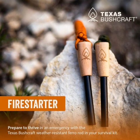 Bushcraft Fire Starter With Three Eighths Inch Ferro Rod Striker And Paracord Wrist Lanyard Waterproof Flint Fire Steel Survival Lighter For Camping Hiking And Backpacking Gear With 5000 Degree Sparks displayed on rock