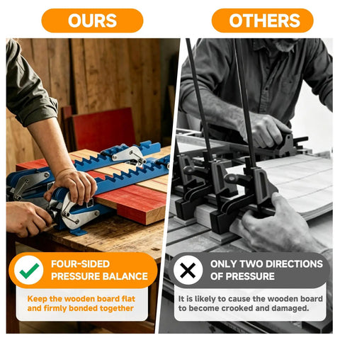 Upgraded 19 Inch Panel Clamps Set Of 2 With 4 Way Steel Parallel Clamps Heads And Tailstocks For Precise Woodworking, Heavy Duty Rails, Easy Handles, Durable 2mm Track, Ideal For DIY Projects And Shop Assembly. Panel clamp comparison showing four-sided pressure balance on wooden boards.