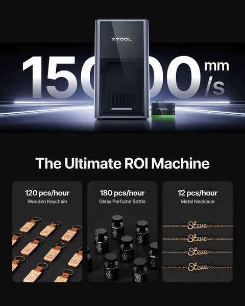 F2 Ultra 60W MOPA Fiber Laser Engraver for Metal Engraving and Color Marking with speed indicator and product samples