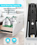 Soft Close Drawer Slides Full Extension Side Mount 24 Inch Ball Bearing Rails Heavy Duty 100 Pound shown in open drawer with bottles