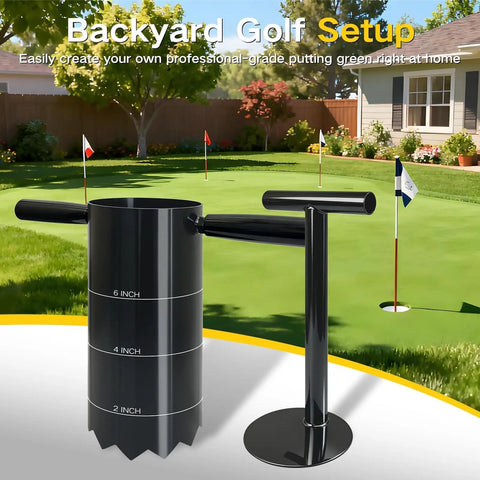 Portable Golf Hole Cutter With Detachable Handle, Stainless Steel Hole Digger, next to backyard putting green