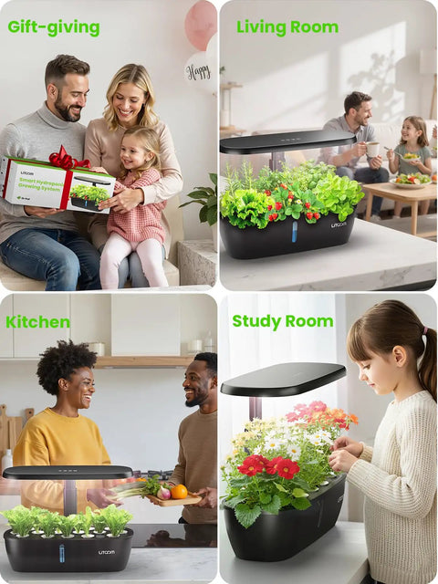 Hydroponic Indoor Garden System Kit With 15 Pods, 24 Watt Grow Light in kitchen, study room, living room, gift-giving scene.
