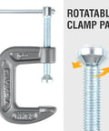 Heavy Duty C Clamp For Home, Garage, And Shop Use, Steel Construction with rotatable clamp pad feature displayed.