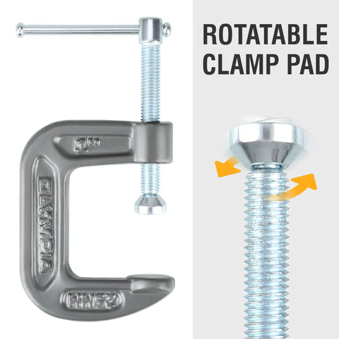 Heavy Duty C Clamp For Home, Garage, And Shop Use, Steel Construction with rotatable clamp pad feature displayed.