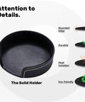 Leather Coasters Set Six Pieces With Holder For Home Bar Office Weddings And Parties Premium Microfiber PU Leather Drink Coaster Set For Table Protection And Stylish Decor shown with durable holder and eco-friendly design details.