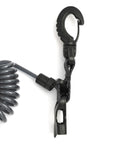 Offshore Kayak And Spearfishing Stainless Steel Fish Stringer Clip With 36 Inch Steel Core Lanyard, black clip and coiled lanyard.